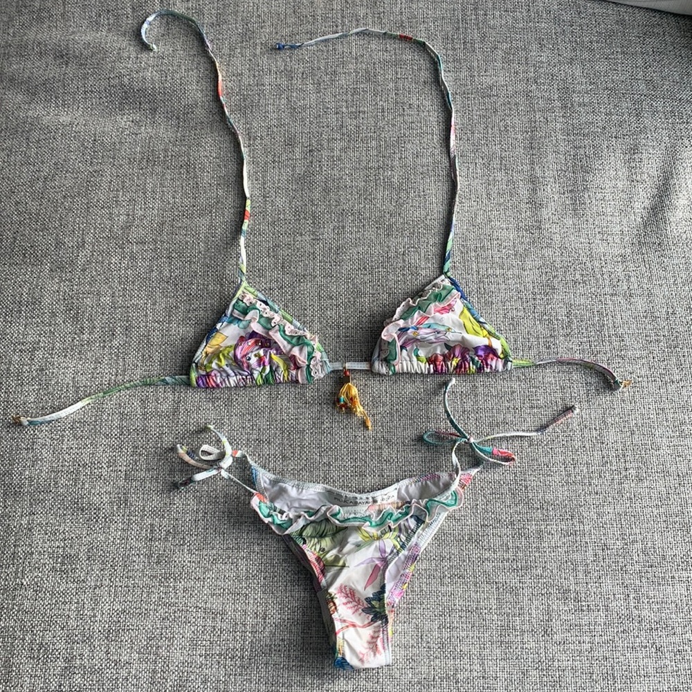 Piluca Bayarri Ibiza floral cheeky bikini with rhinestone detail and ruffles
